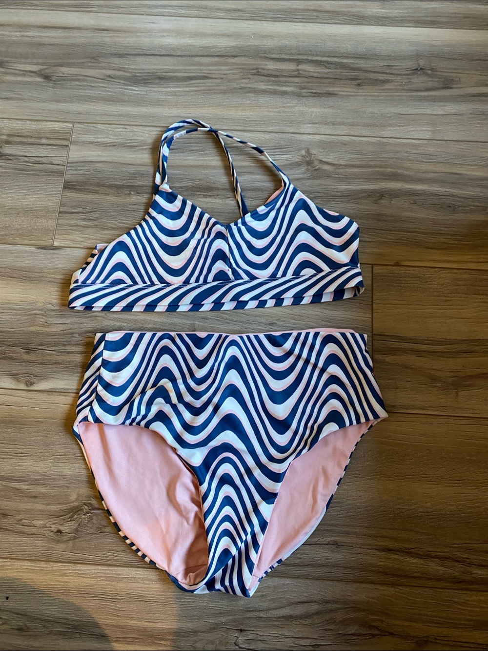 Navy & pink Wavy Print Two-Piece Bikini FLAWED with Pink Lining